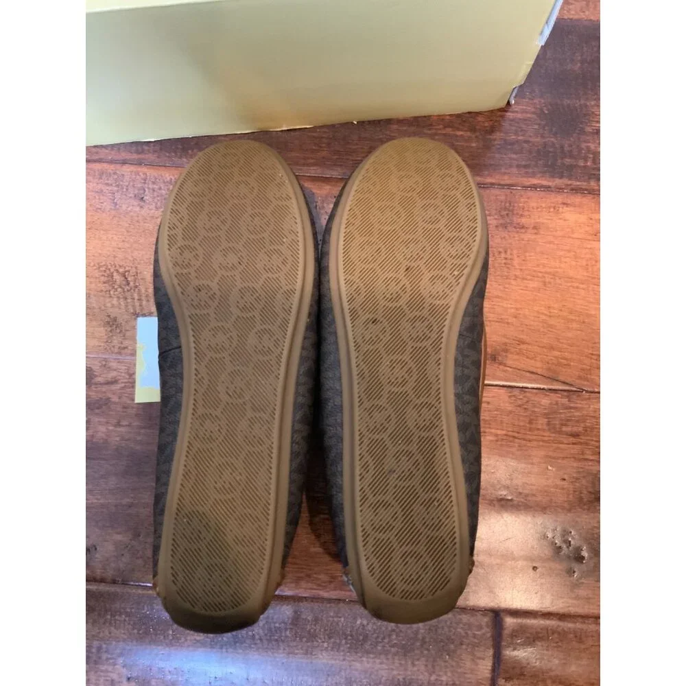 Michael Kors Erica Brown Leather Shearling Lined Logo Flats Slippers, Size 8